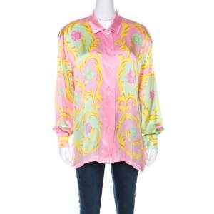 Escada Pink Printed Silk Padded Shoulder Shirt L 