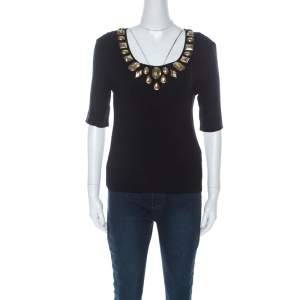Escada Navy Blue Rib Knit Gold Embellished Neckline Three Quarter Sleeve Top M 