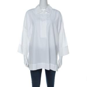 Escada White Cotton Drop Shoulder Three Quarter Sleeve Collared Top L 
