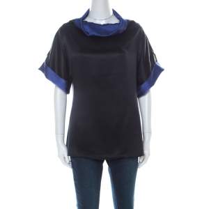 Escada Black and Indigo Silk Turtleneck Short Sleeve Top M 
