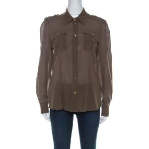 Escada Olive Green Cotton Gold Snap Button Detail Shirt M