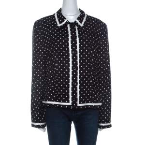 Escada Navy Blue Knit Polka Square Pattern Contrast Trim Jacket XL 