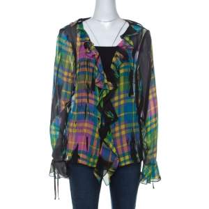 Escada Multicolor Plaid Print Silk Ruffle Detail Button Front Shirt XL