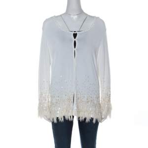 Escada Off White Knit Embellished Hemline Detail Cardigan XL