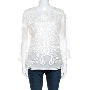 Escada Off White Embroidered Sheer Silk Organza Long Sleeve Nensa Blouse M