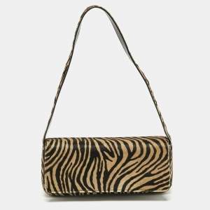 Escada Brown/Black Zebra Print Calfhair Flap Shoulder Bag