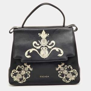 Pre Owned Escada Black Leather Elegant Baroque Print Top Handle Bag