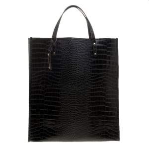 Escada Black Croc Embossed Leather Shopper Tote