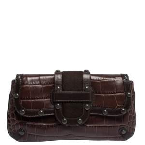 Escada Brown Croc Embossed Leather and Calfhair Clutch