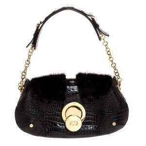 Escada Black Croc Embossed Leather and Mink Fur Ring Flap Shoulder Bag