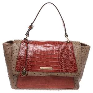 Escada Beige/Antique Rose Ostrich and Crocodile Embossed Leather Flap Top Handle Bag