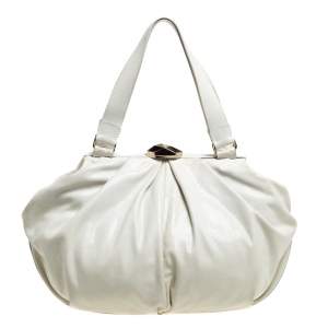 Escada White Crackled Patent Leather Frame Hobo