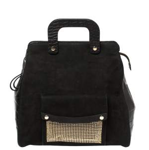 Escada Black Croc Embossed Leather and Suede Convertible Tote 