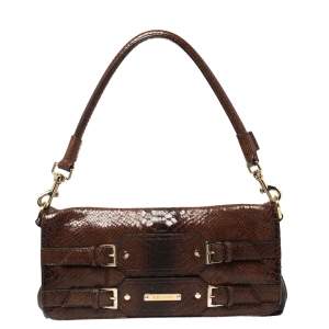 Escada Ombre Brown Python Embossed Leather Buckle Flap Shoulder Bag