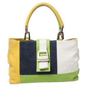 Escada Multicolor Denim and Leather Patchwork Flap Tote  