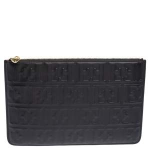 Escada Black Monogram Embossed Leather Top Zip Pouch