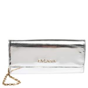 Escada Silver Glossy Leather Chain Wristlet Clutch