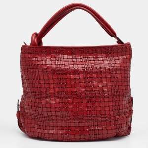 Escada Red Woven Leather Hobo