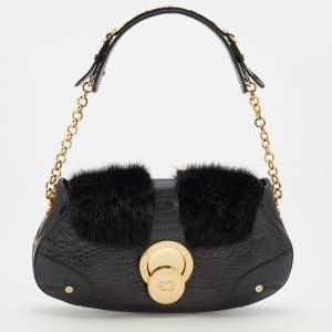 Escada Black Croc Embossed Leather and Mink Fur Ring Flap Shoulder Bag