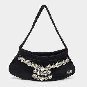 Escada Black Satin Crystals Embellished Clutch Bag