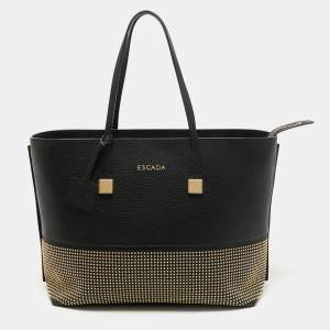 Escada Black Pebbled Leather Studded Zip Shopper Tote