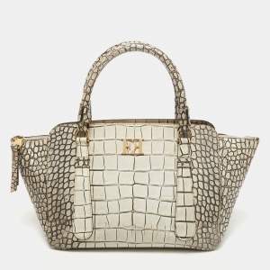 Escada White/Grey Croc Embossed Leather Zip Tote