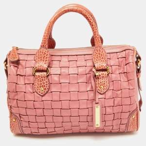 Escada Pink Woven Leather and Croc Embossed Zip Satchel