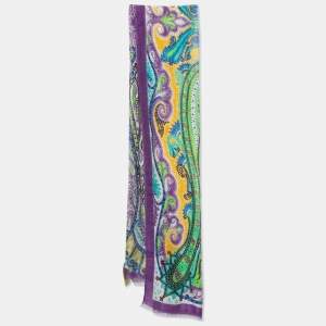 Etro Purple/Green Paisley Print Linen & Silk Stole