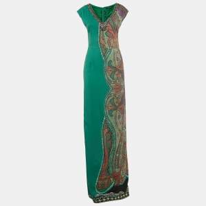 Etro Green Paisley Print Crepe Embellished Maxi Dress S