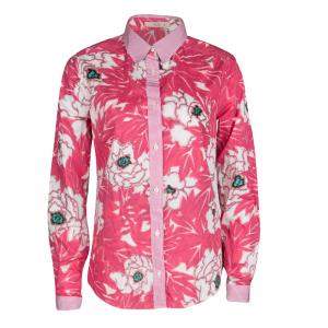 Etro Pink Floral Print Checked Collar and Cuff Detail Long Sleeve Button Front Shirt M