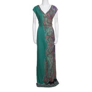 Pre Owned Etro Green Paisley Printed Embellished Maxi Dress M
