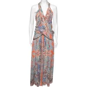 Etro Multicolor Printed Silk Pleated Front Halter Neck Ruffle Maxi Dress S