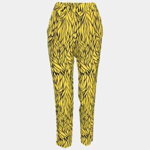 Pre Owned Etro Yellow and Black Leaf Printed Silk Elasticized Waist Pants M