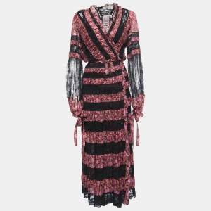 Pre Owned Etro Black Floral Printed Cotton and Lace Wrap Maxi Dress L