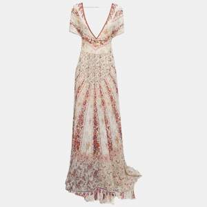 Etro cream Floral Printed Silk Patchwork Detail Plunge Neck Gown L