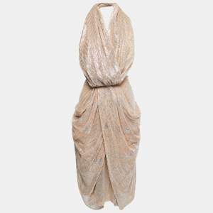 Etro Beige Metallic Silk Knit Backless Draped Midi Dress L