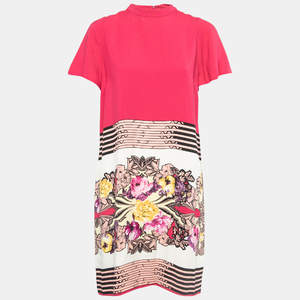 Pre Owned Etro Pink Printed Crepe High Neck A-Line Short Dress M