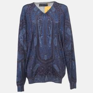 Etro Dark Blue Paisley Wool & Silk Knit V-Neck Sweater 3XL