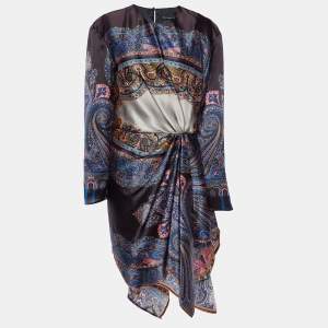 Pre Owned Etro Multicolor Printed Silk Draped Asymmetric Hem Dress L 