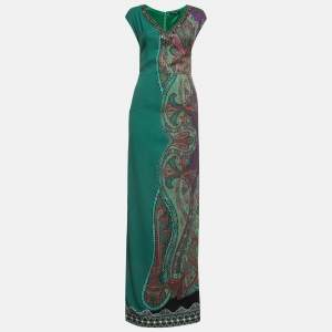 Etro Green Printed Crepe Detailed Neck Maxi Dress S