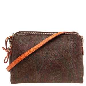 Pre Owned Etro Brown/Orange Paisley Coated Canvas and Lizard Embossed Leather Shoulder Bag
