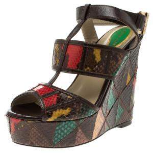 Etro Multicolor Embossed Python Leather Ankle Strap Wedge Sandals Size 36