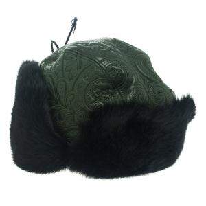 Pre Owned Etro Dark Green Leather and Rabbit Fur Aviator Hat M