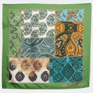 Pre Owned Etro Green Paisley Print Silk Handkerchief Scarf