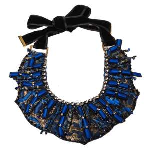 Etro Blue Silk Brocade Crystal and Bead Statement Necklace