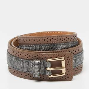 Etro Brown/Silver Lizard Embossed Leather Waist Belt 80CM