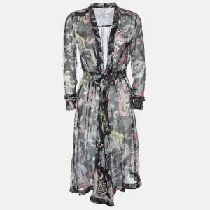 Etro Black Printed Silk V Neck Midi Dress S