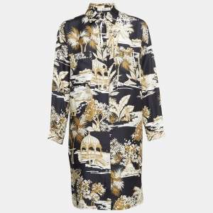 Pre Owned Etro Black Oriental Print and Stripe Silk Shirt Dress M