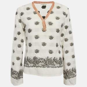 Pre Owned Etro White Textured Brocade V-Neck Top M