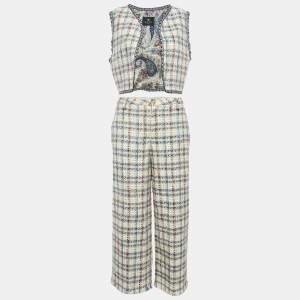 Etro Beige Checks Tweed Open Front Vest and Trousers Set M 